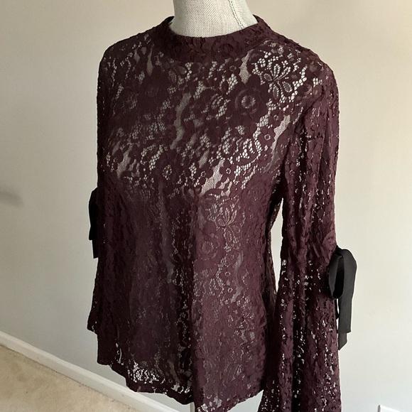 Loft Long Sleeved Burgundy Lace & Ribbons Top Size Small - Picture 3 of 8